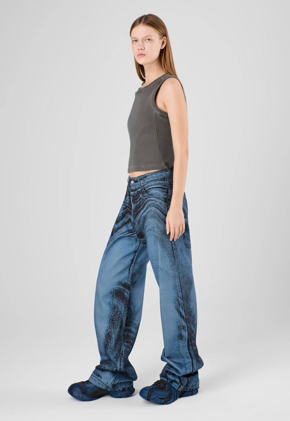 BLUE WAVE PRINT WIDE-LEG DENIM