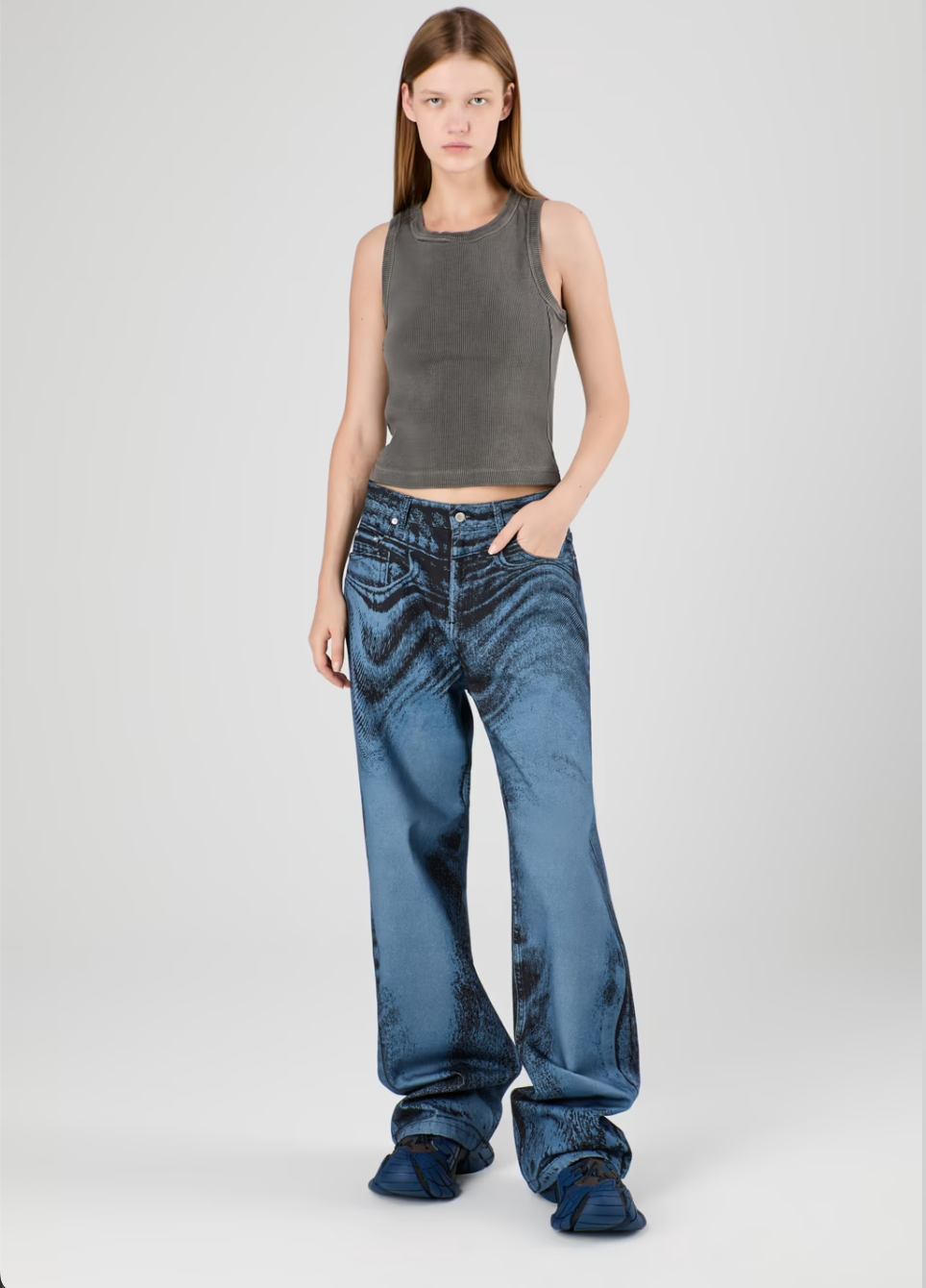 BLUE WAVE PRINT WIDE-LEG DENIM