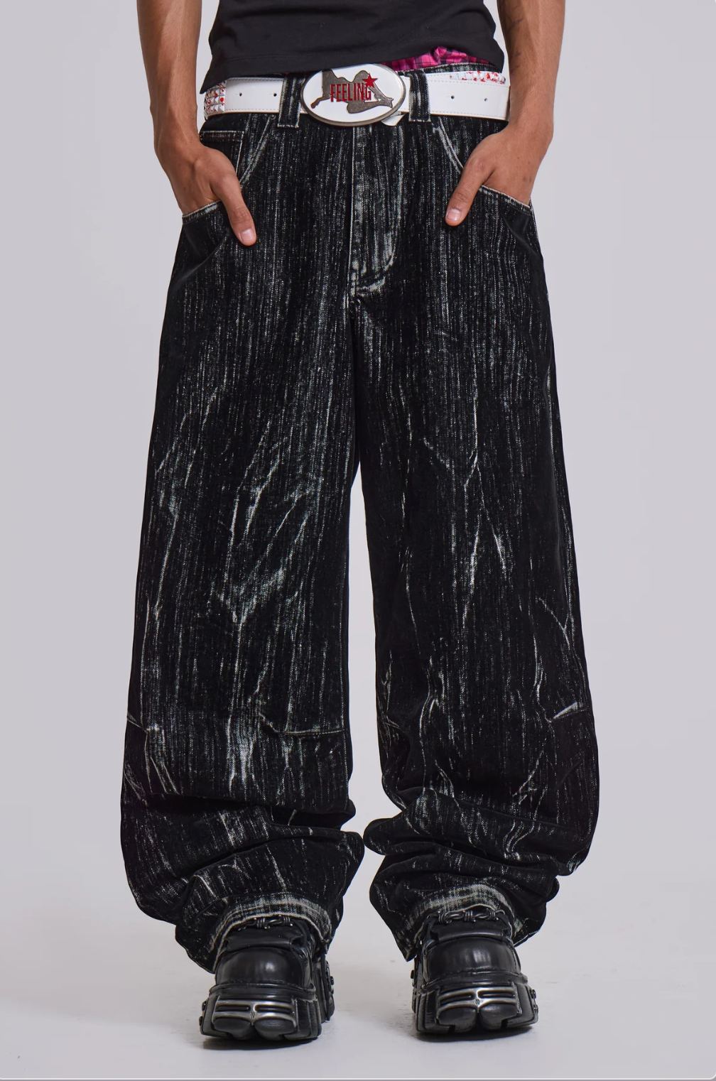 BLACK CRACKLE WIDE-LEG DENIM