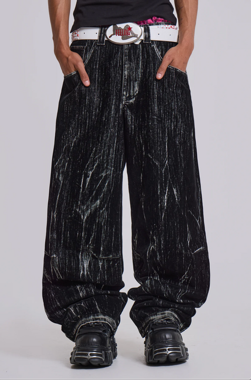 BLACK CRACKLE WIDE-LEG DENIM